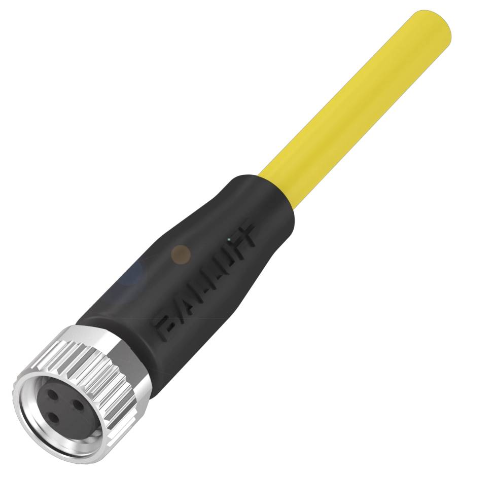 Gelbes Kabel mit schwarzem Steckverbinder. Der Steckverbinder hat silberne Metallringe und drei Löcher an der Spitze.