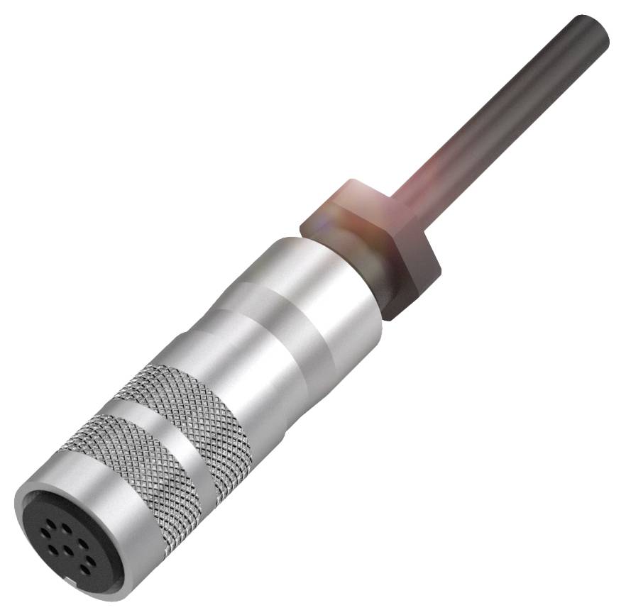 Ein silberner zylindrischer Metallstecker mit geriffeltem Griff und schwarzem Kabel.技术Steckverbindung.