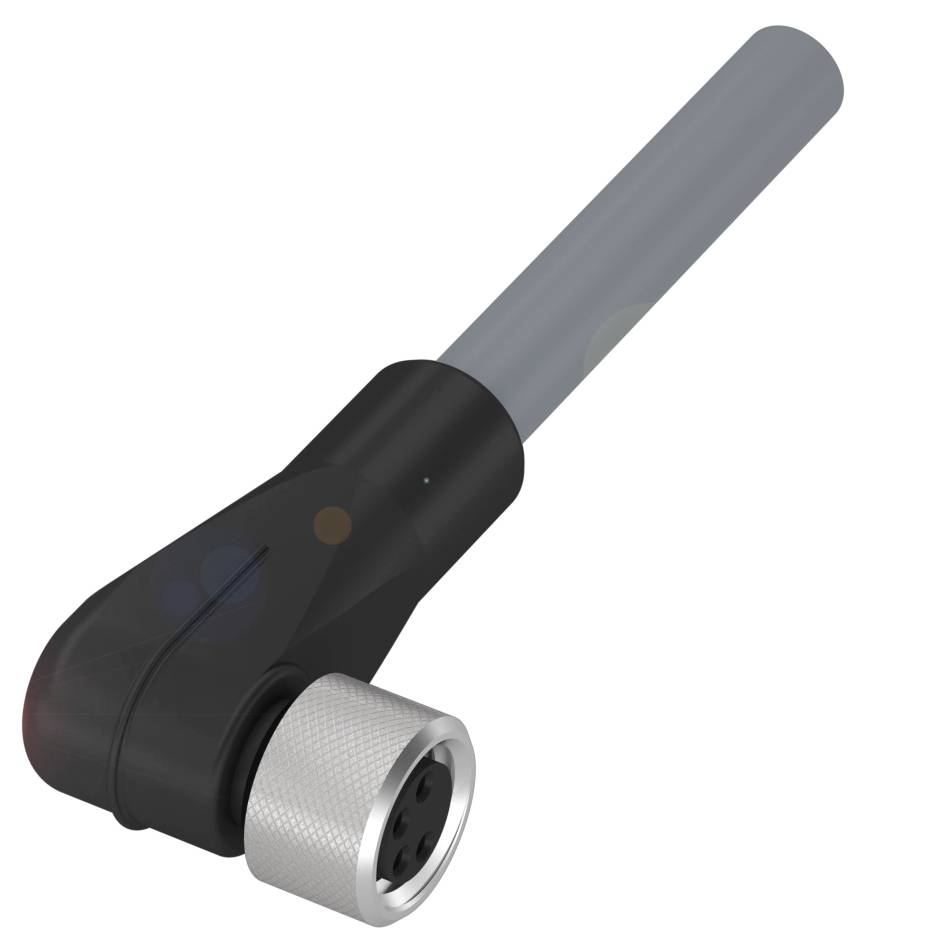 Eine schwarze, abgewinkelte WLAN-Antenne mit einem metallischen Anschluss am Ende, in Seitenansicht dargestellt.