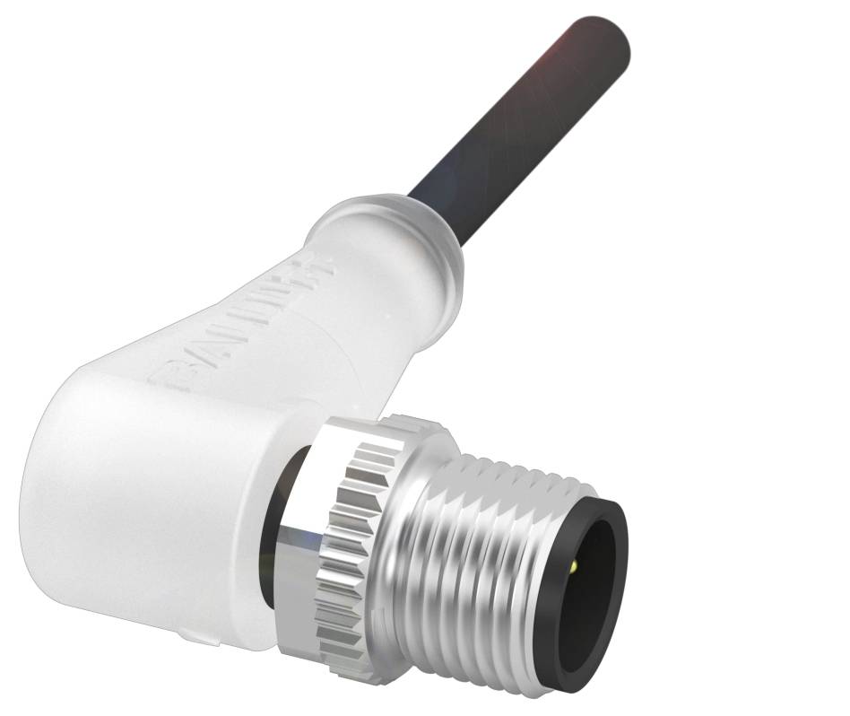 Ein weißer, abgewinkelter Stecker mit metallischem Gewinde und Kabel. Häufig in technischen Anwendungen oder Verkabelungssystemen genutzt.