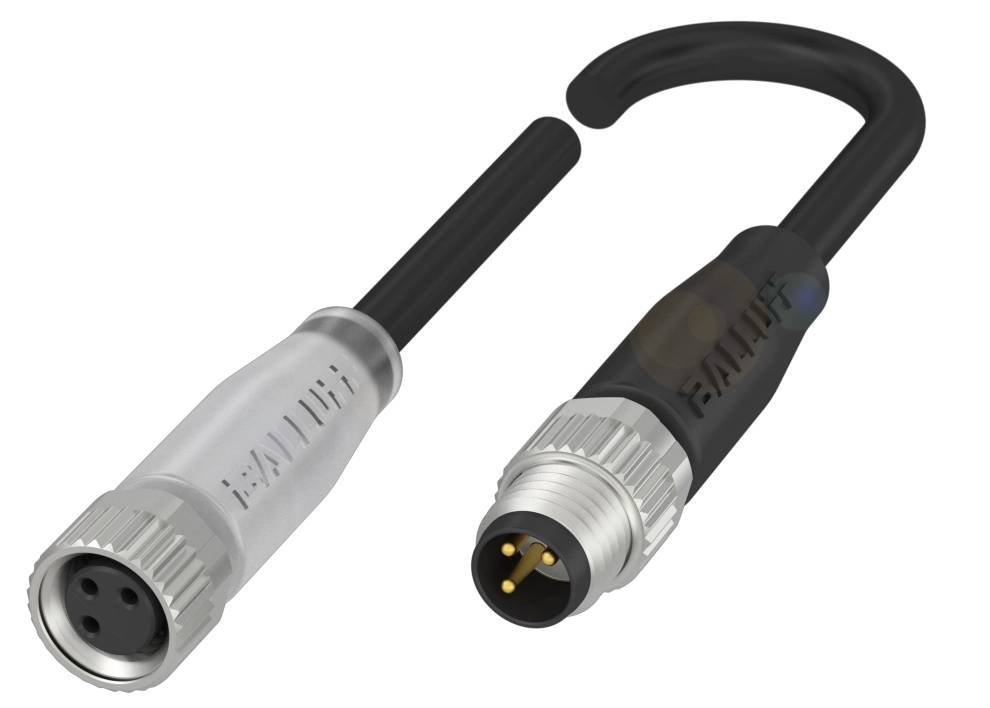 Zwei Rundsteckverbinder, einer mit Buchse, der andere mit Stecker, sind dargestellt. Beide sind mit schwarzen Kabeln verbunden.