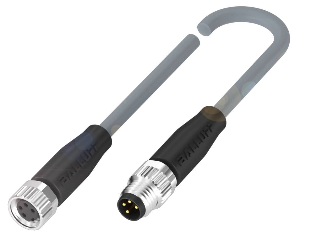 M12-Steckverbindung mit einem gewinkelten und einem geraden Stecker, Metallgewinde und schwarzem Kabelmantel, geeignet für industrielle Anwendungen.