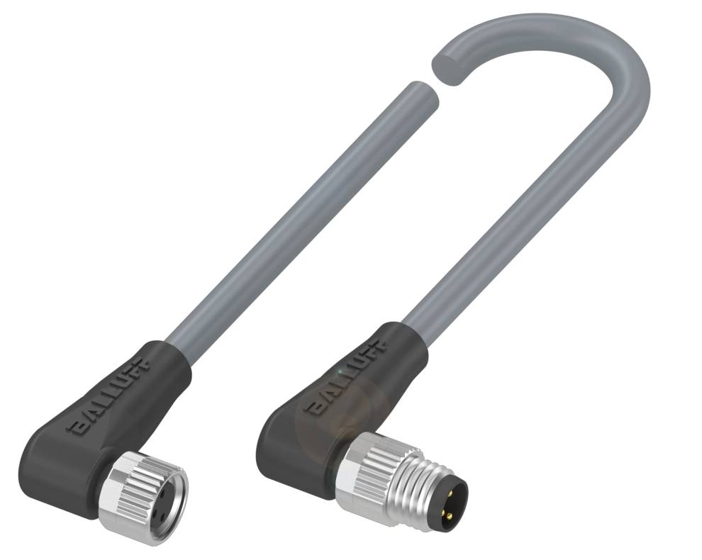 Zwei L-förmige Steckverbinder mit Metallgewinde und schwarzer Kabelumhüllung, gekennzeichnet mit dem Markennamen auf der Seitenfläche.