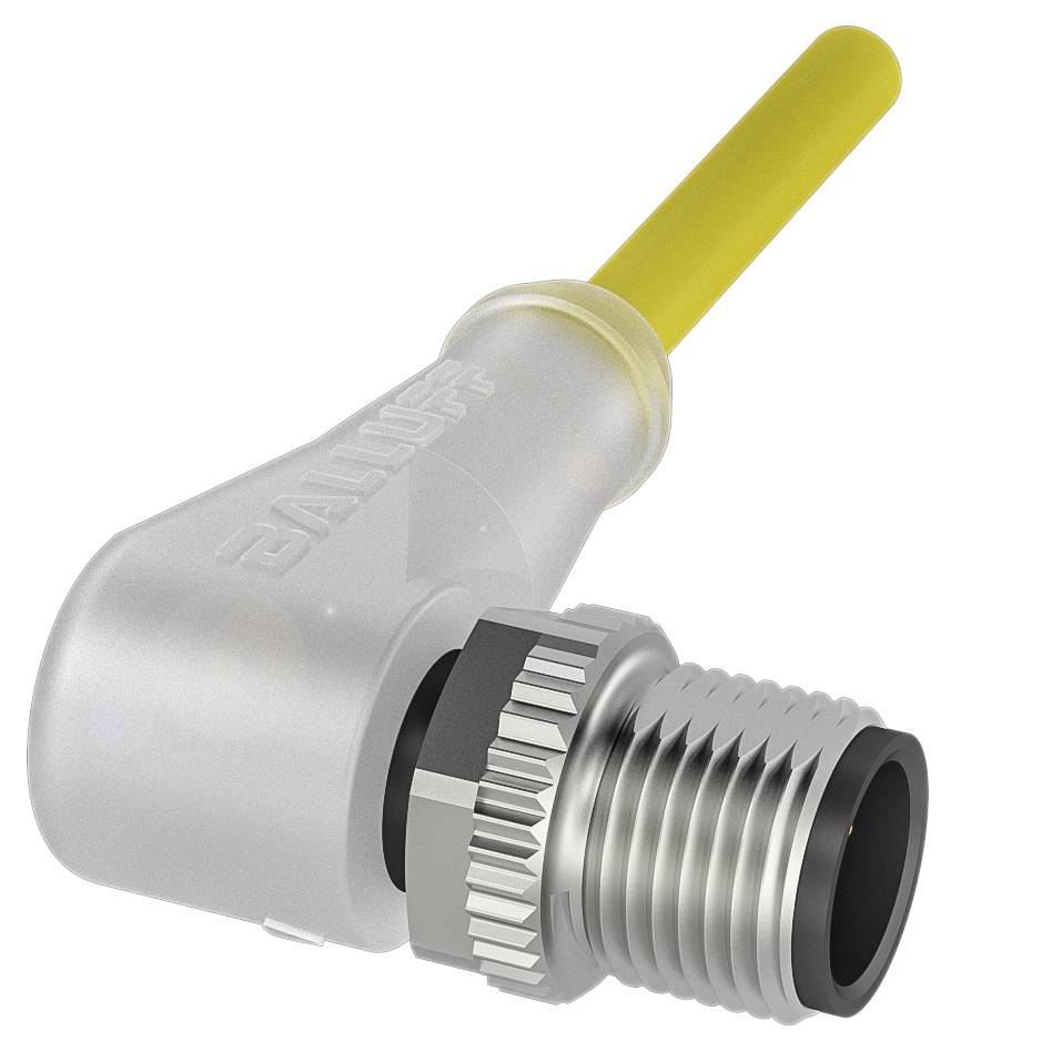 Ein grauer Winkeladapter mit gelbem Griff und Metallgewinde, geeignet zum Anschluss in technischen Anwendungen oder industriellen Geräten.