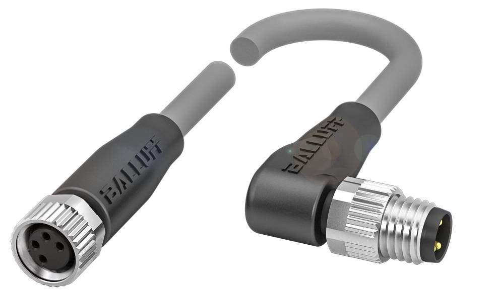 Zwei verbundene schwarze Kabel mit verschiedenen Steckertypen; eines gerade, das andere mit einem Winkel, zur industriellen Anwendung.