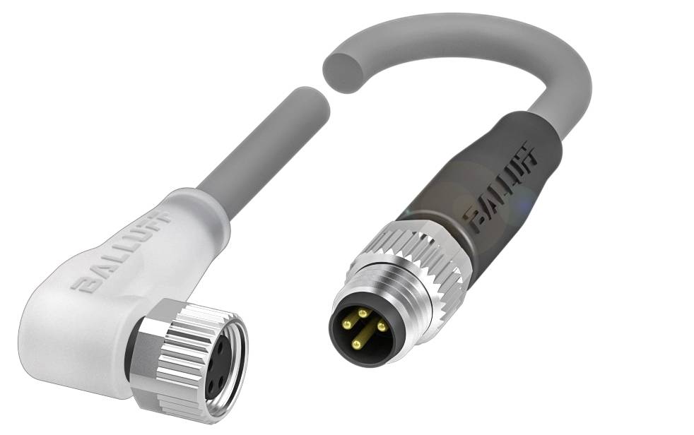 Winkelstecker M12 mit grauem Kabel, zeigt offene Verbindung und vier Metallkontakte.