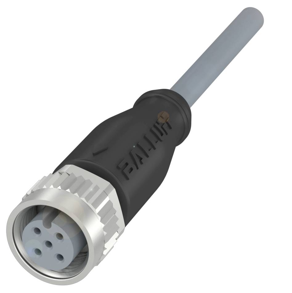 Ein schwarzer elektrischer Stecker mit Metallgewinde und Kabel, dargestellt in 3D. Geeignet für industrielle Anwendungen.