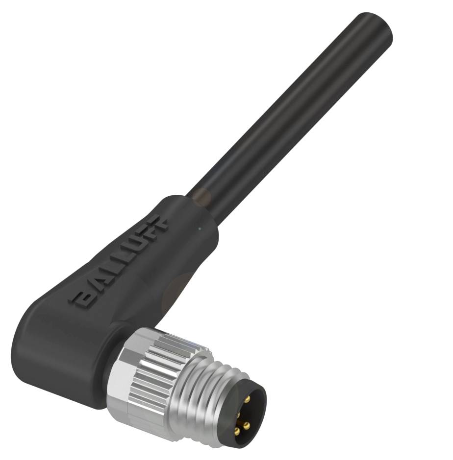 Ein schwarzer Winkelstecker mit Metallgewinde und vier Goldstiften, geeignet für industrielle Anwendungen bei Balluff.