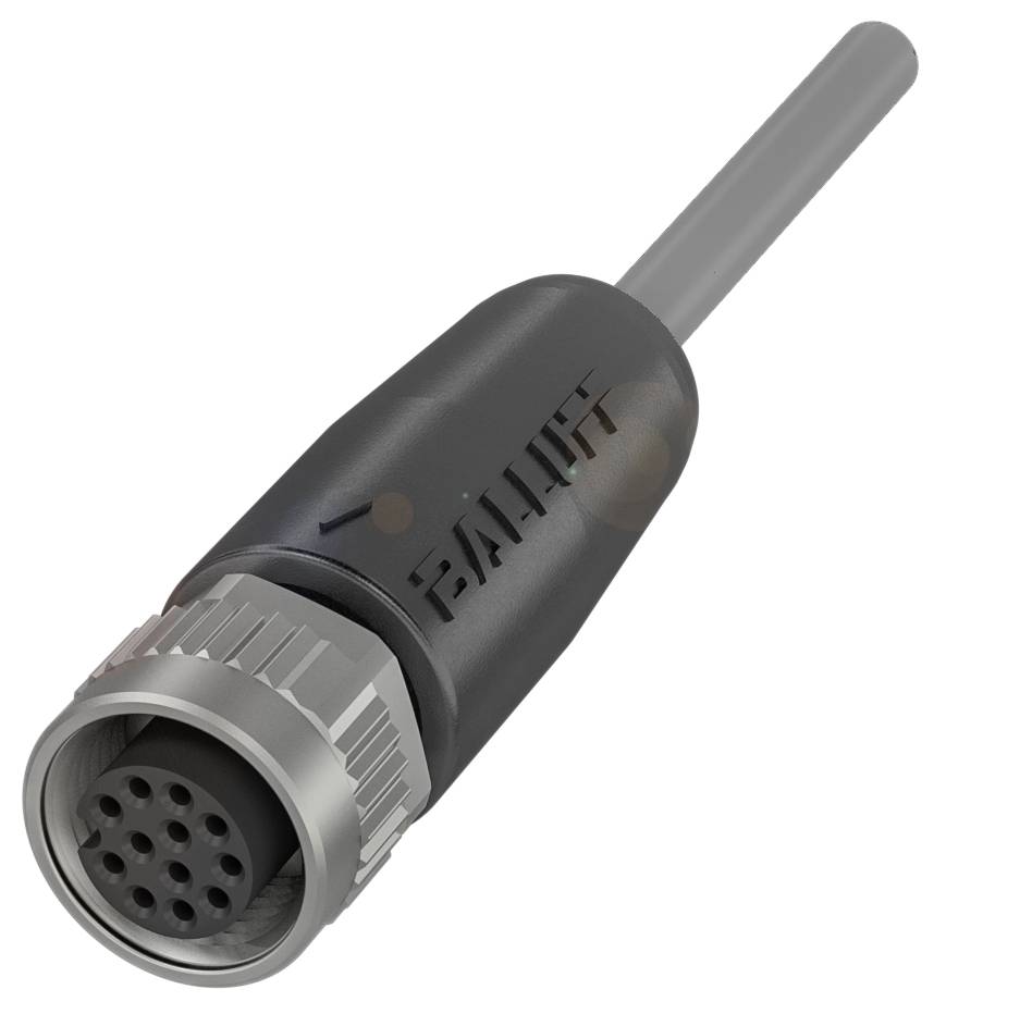 Steckverbinder mit grauem Kabel, schwarzem Gehäuse und rundem silbernen Anschluss mit mehreren Pins.