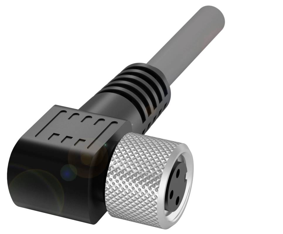 Ein abgewinkelter Industriekabelstecker mit silbernem Metallgehäuse und schwarzem Kunststoff, geeignet für robuste Verbindungen.