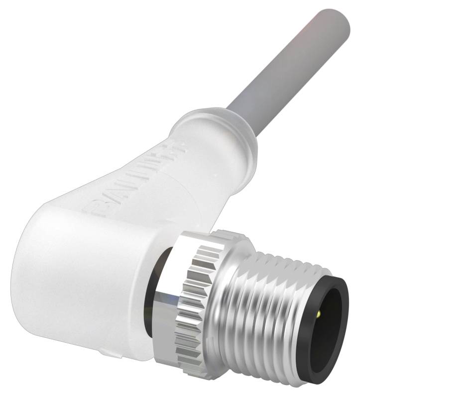 Ein weißer Winkelstecker mit Gewindeanschluss und schwarzem Innenbereich. Geeignet für Kabelverbindungen in elektrischen Anwendungen.