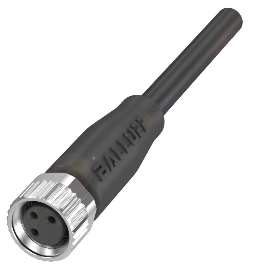 Ein dreipoliger schwarzer M8-Stecker mit silbernem Schraubverschluss und der Aufschrift 'BALLUFF' am Steckergehäuse.