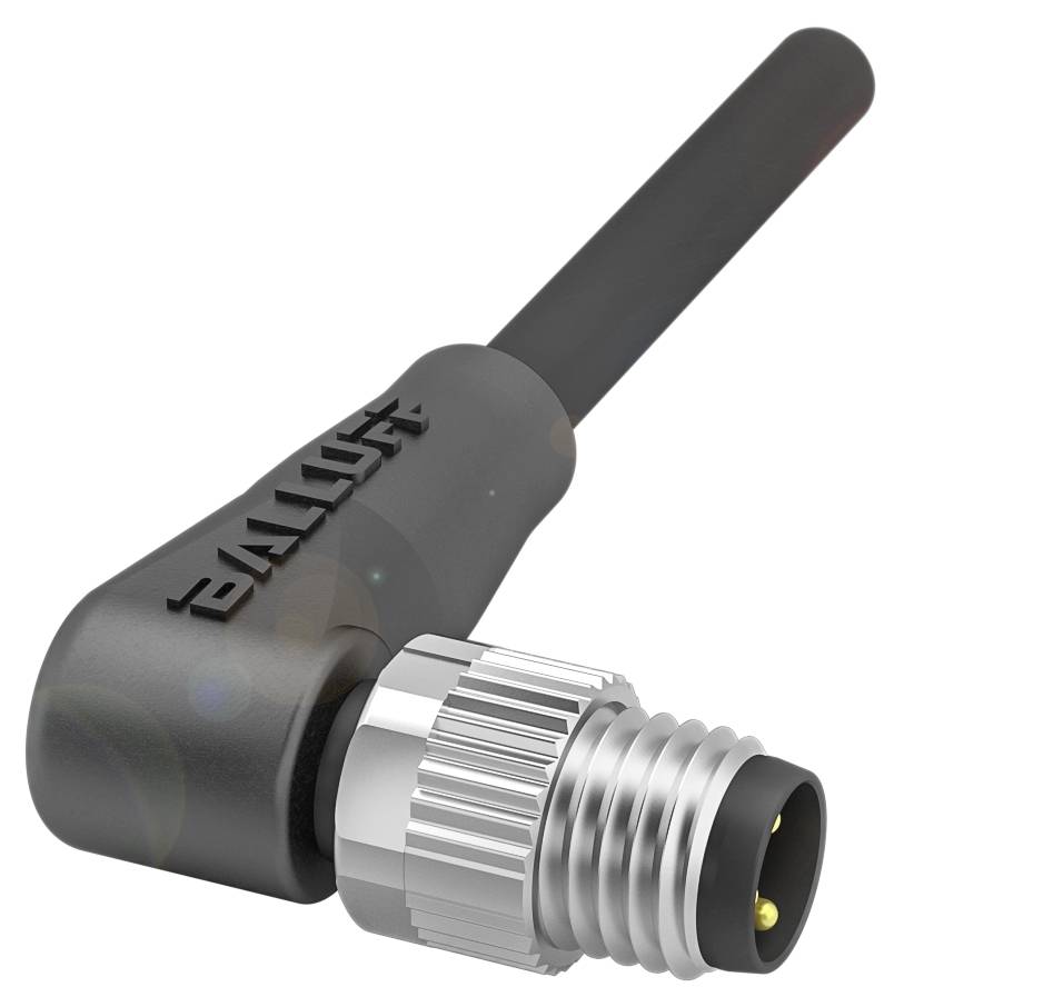 Ein abgewinkelter Stecker mit Metallgewinde, schwarzer Ummantelung und BOLLHOFF-Logo.