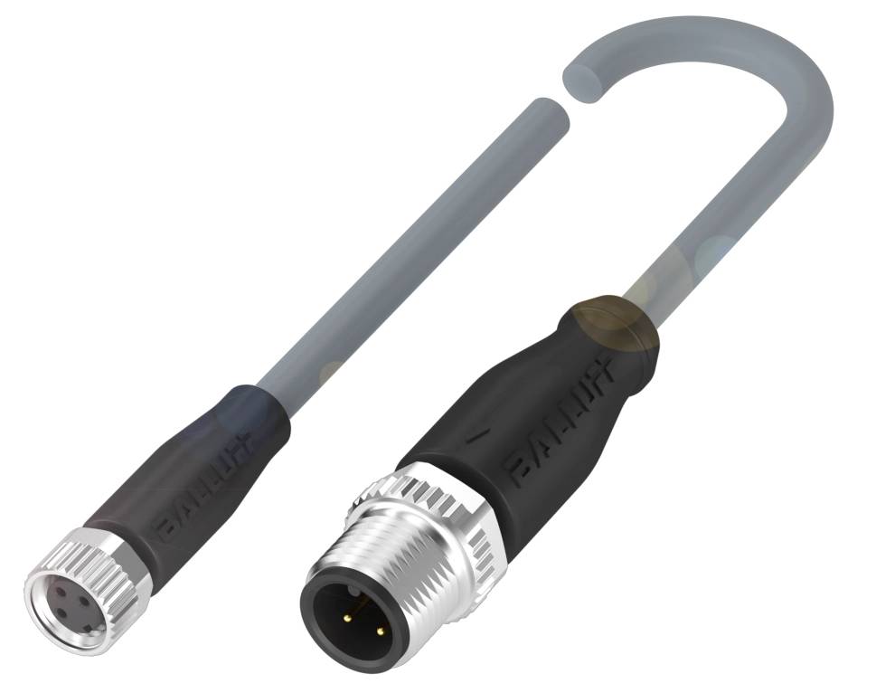 Ein M12-Steckverbinder mit offenem Kabel und Buchse, zeigt Anschlussmöglichkeiten und Bauart für industrielle Anwendungen.