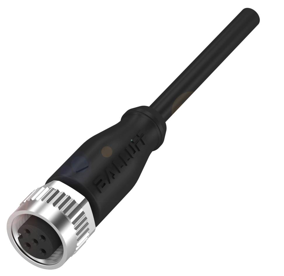 Ein schwarzer Kabelstecker mit silberner Verschraubung, gezeigt in Nahaufnahme. Geeignet für industrielle Anwendungen.
