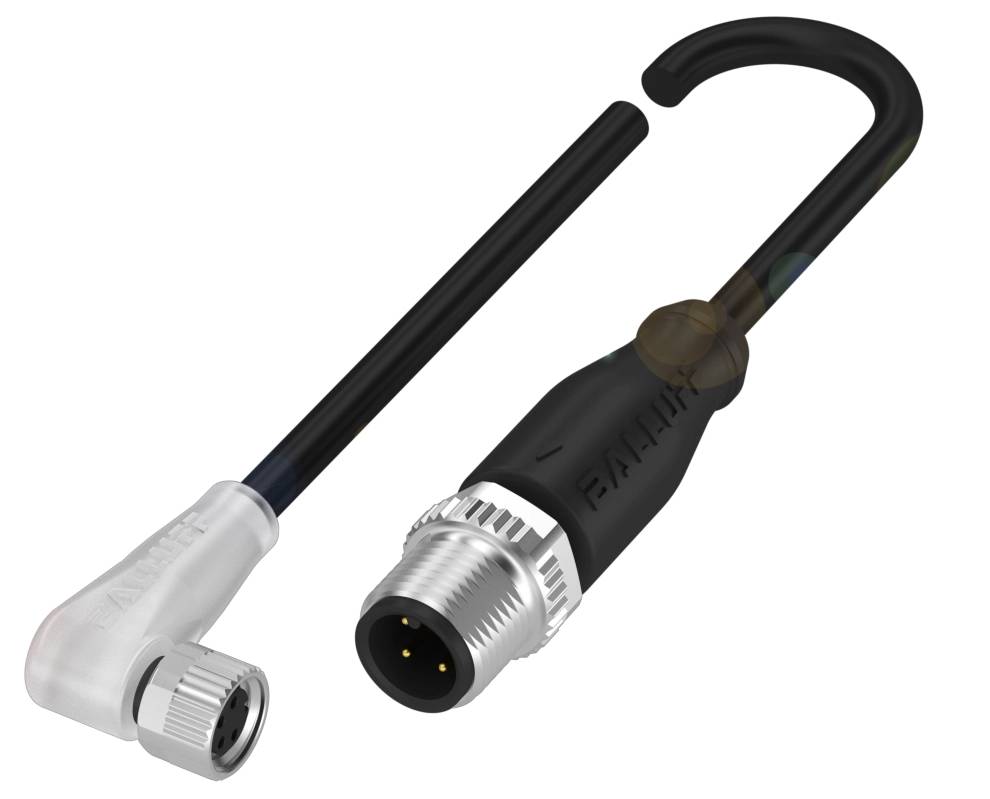 M12-Steckverbinder mit 90-Grad-Winkeladapter und geradem Kabel, geeignet für industrielle Anwendungen. Der Stecker hat runde Kontakte.