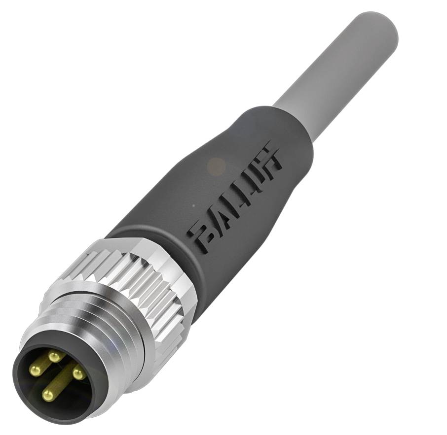 M8 Kabelstecker, zylindrische Form, mit drei Metallstiften und grauem Kabel, für industrielle Verbindungen verwendet.
