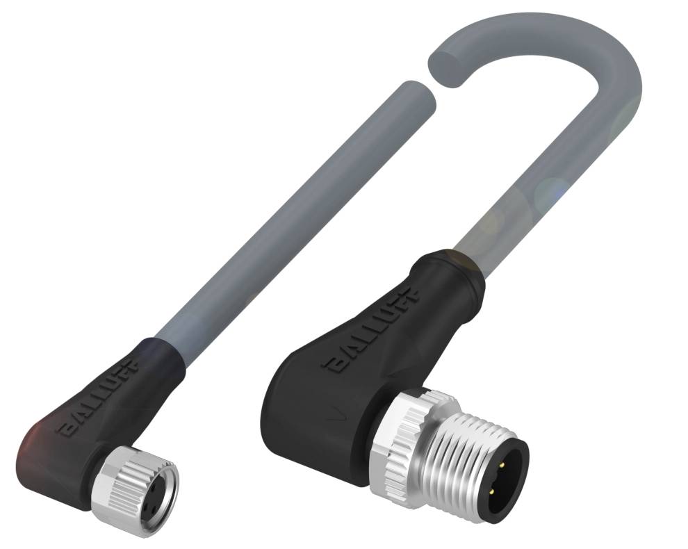 Sensor-Kabel mit gewinkeltem Anschlussstecker und Schraubverschluss, geeignet für industrielle Anwendungen.