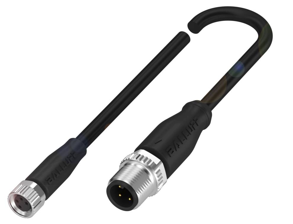 Zwei schwarze M8-Steckverbinder mit gewinkeltem Kabel: links eine Buchse, rechts ein Stecker. Beide haben metallene Schraubverschlüsse.