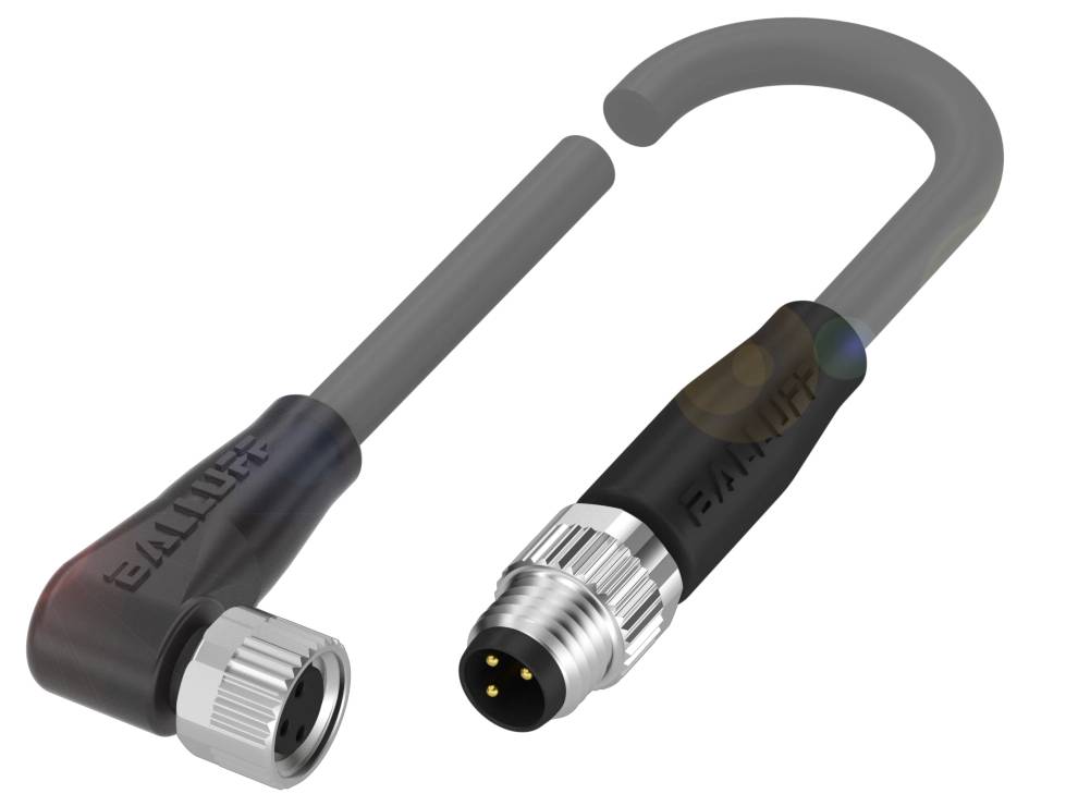 Kabel mit 90-Grad-Winkelstecker, ausgestattet mit einem M12-Stecker und einer Buchse, geeignet für industrielle Anwendungen.