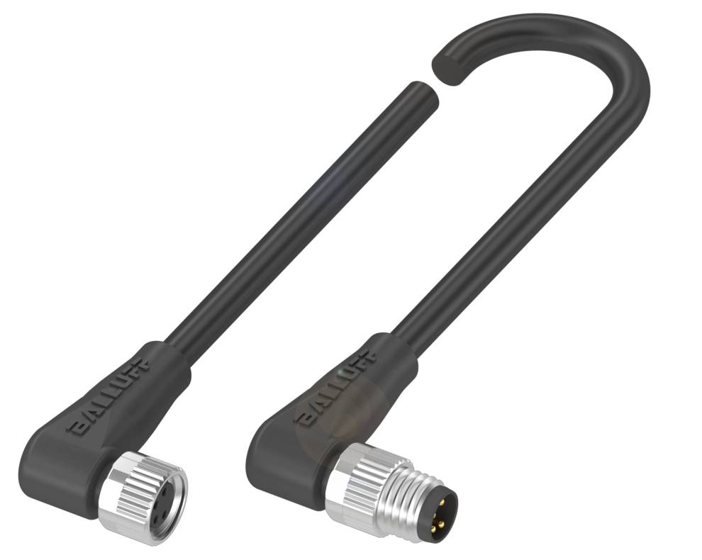 Schwarze Kabel mit Metallsteckern, eines mit geradem, das andere mit abgewinkeltem Stecker. Beide mit der Aufschrift 'BALLUFF'.