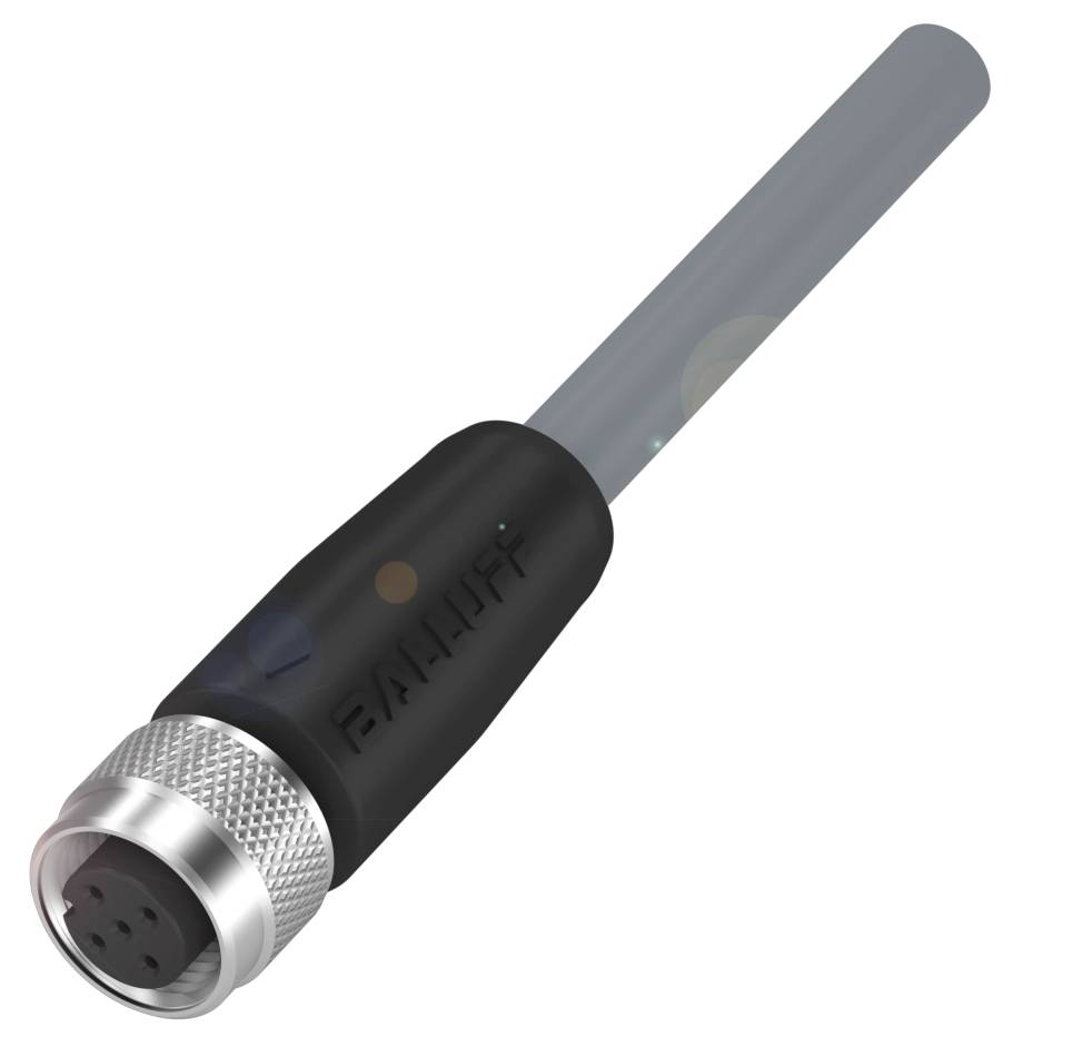 Ein schwarzer, mit einem grauen Kabel verbundener Steckverbinder mit einer Metallspitze und mehreren Löchern zur Datenübertragung.