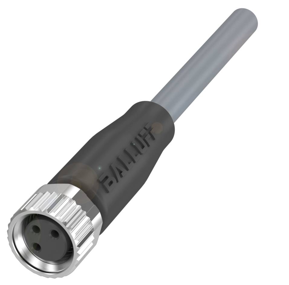 Ein schwarzer, runder Stecker mit silbernem, gerilltem Rand und drei Öffnungen, an einem grauen Kabel angebracht.