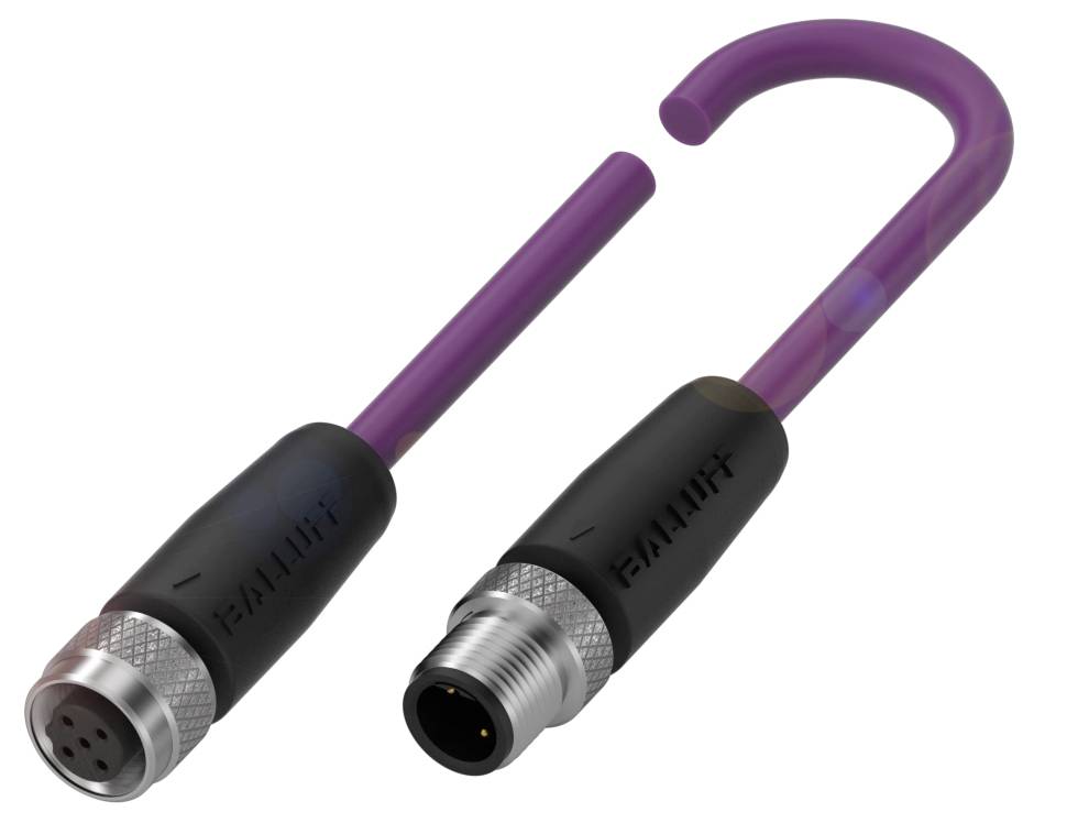 Zwei industrielle M12-Steckverbinder mit violettem Kabel, einer male und einer female, von der Marke 'BALUF'. Geeignet für Sensorverbindungen.