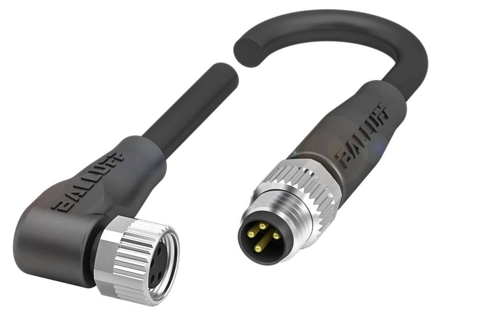 Abgebildet sind zwei industrielle Steckverbinder: ein abgewinkelter und ein gerader Stecker. Beide sind schwarz mit Metallgewinde.