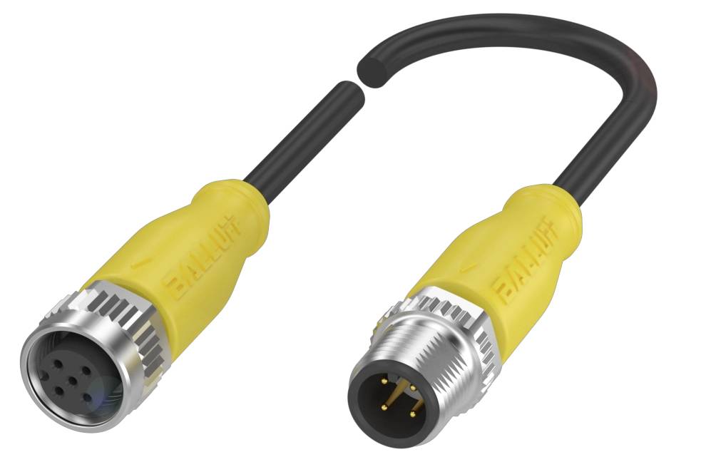 Gelbes Steckerdoppelpack; eine Buchse links mit Metallteilen, ein Stiftstecker rechts, beide mit schwarzen Kabeln verbunden.