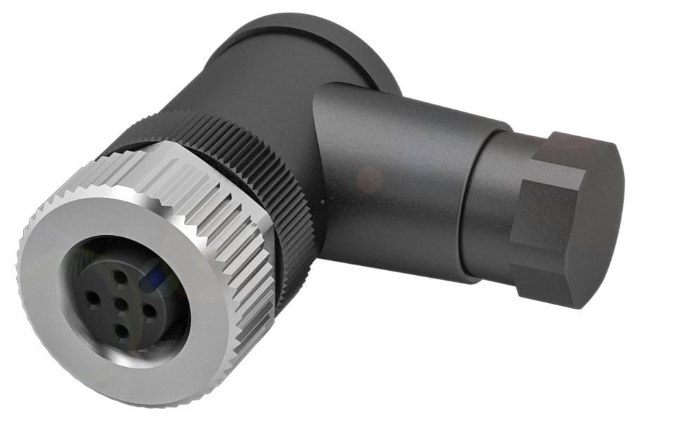 Industrieller M16-Stecker im Winkel, schwarz mit metallischem Gewinde, für universelle elektrische Verbindungen.