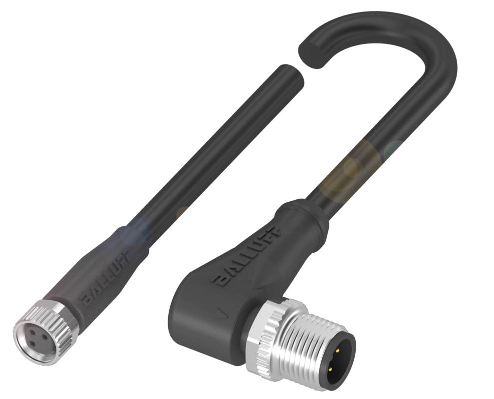 Anschlusskabel mit zwei Steckern: Ein gerader und ein gewinkelter Stecker mit vier Pins, schwarz, von Balluff.