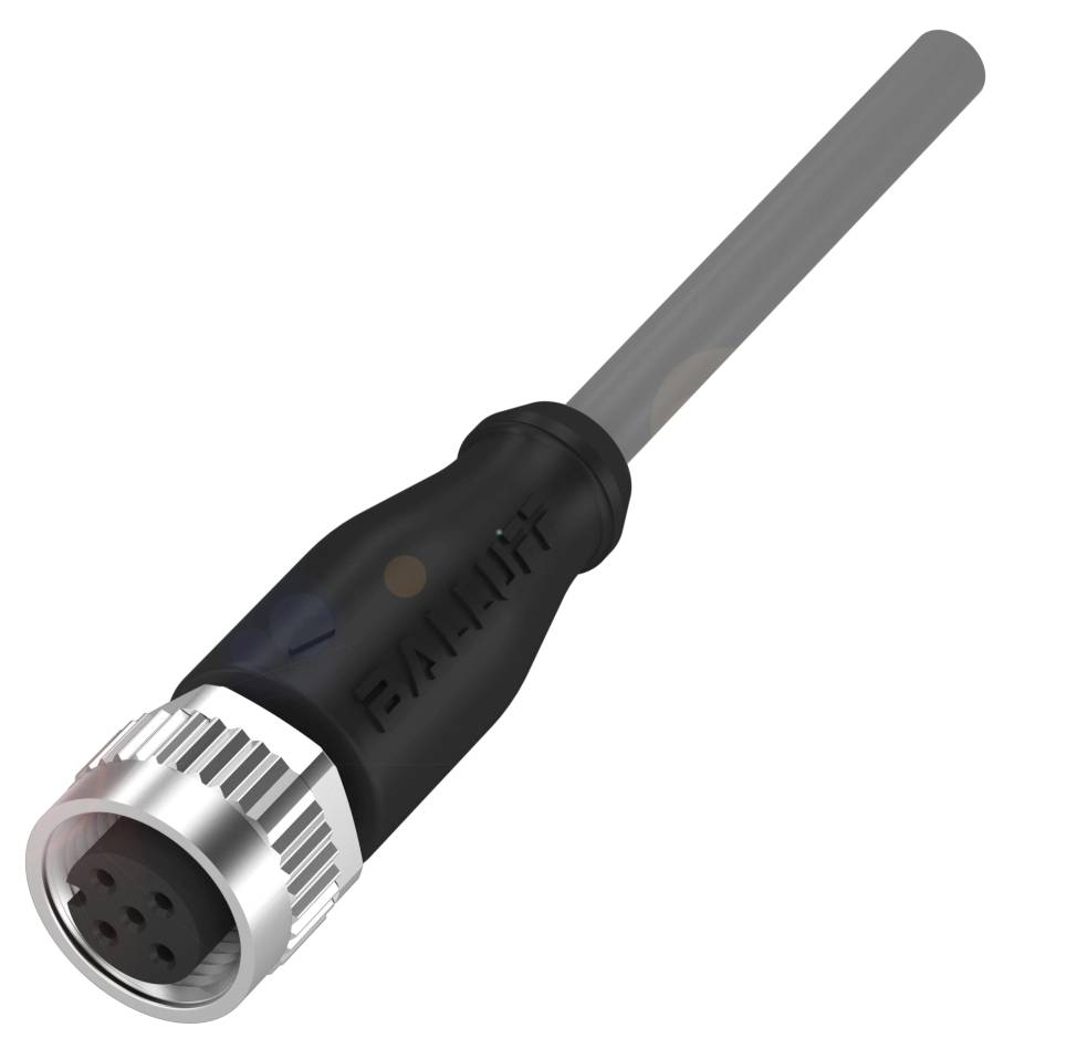 Stecker mit rundem Gehäuse, schwarzem Kabel und Metallgewinde, geeignet für industrielle Anwendungen.