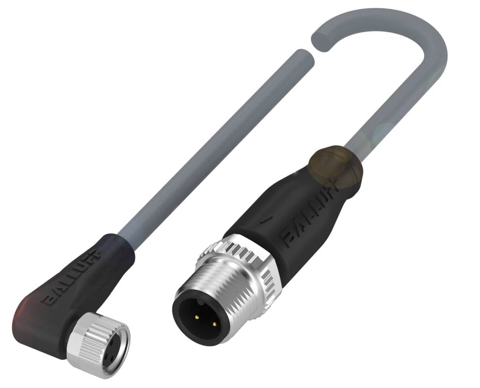 Ein M8-Sensor-Steckverbinder mit Kabel, rechtwinkliger und gerader Anschluss, beide mit schwarzem Gehäuse und Metallschraubverbindung.
