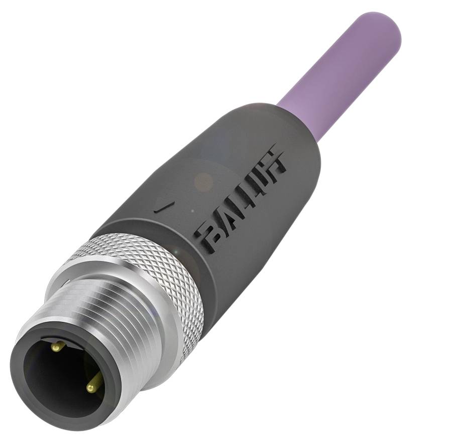 Ein schwarzer Steckverbinder mit einem violetten Kabel und Metallgewinde. Der Schriftzug 'BALLUFF' ist auf der Seite zu sehen.