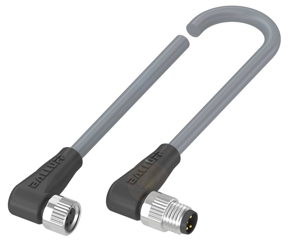 Zwei graue M8-Stecker mit Winkelausführung, einer männlich, einer weiblich. Beide haben schwarze Kunststoffgehäuse mit 'Balluff'-Logo.
