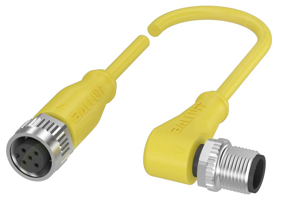 Gelbes M12-Verbindungskabel mit Buchse links und Stecker rechts, geeignet für industrielle Anwendungen.