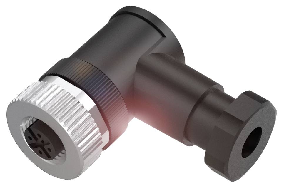 Schwarzer, rechter Winkelstecker mit silbernem Gewinde und zentraler Buchse, geeignet für elektronische Verbindungen.