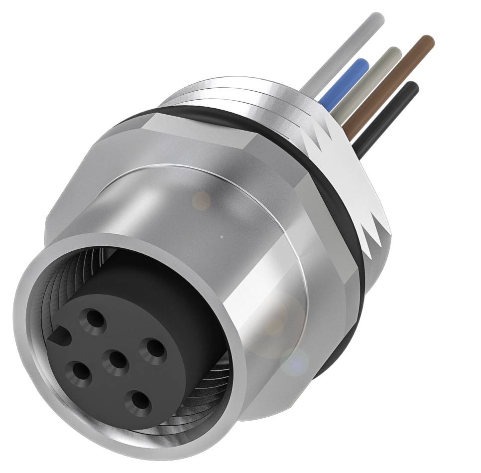 Metallstecker mit fünf runden Buchsen und fünf farbigen Kabeln, die aus der Rückseite herausragen. Kabel sind grau, blau, schwarz, braun und schwarz-weiß.