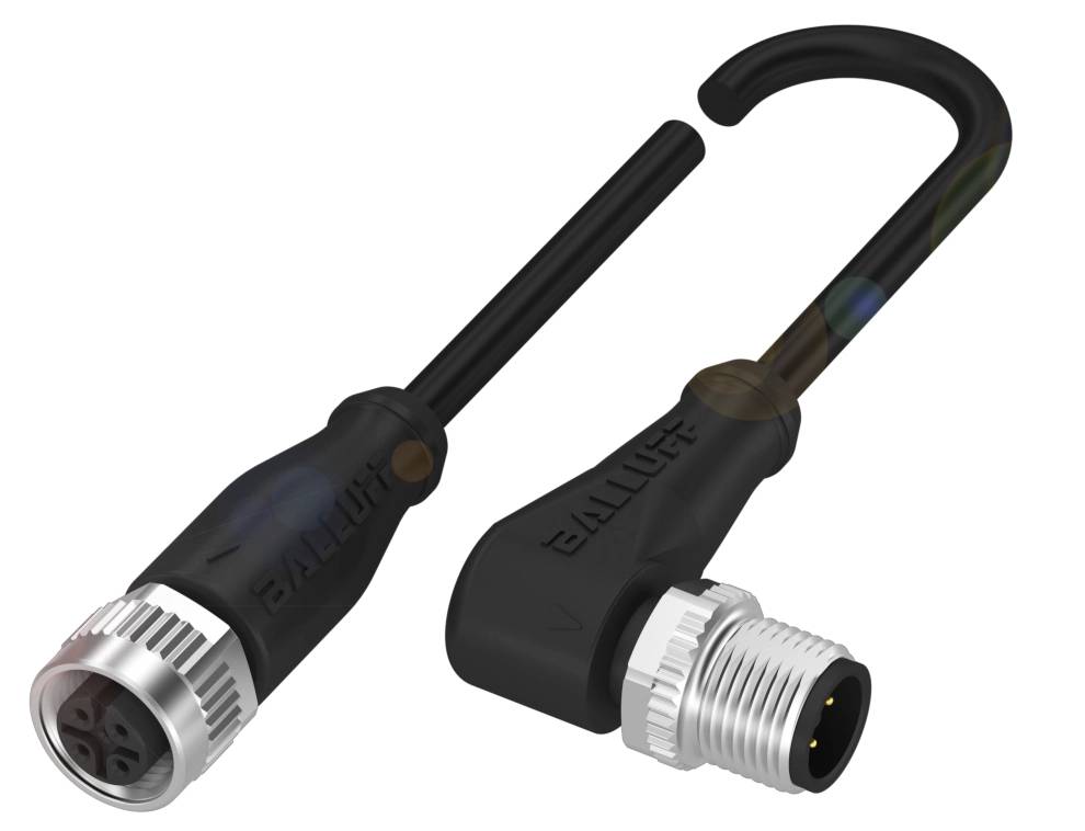 M8-Stecker und -Buchse mit gewinkeltem Steckverbinder in Schwarz und Silber, geeignet für industrielle Anwendungen.