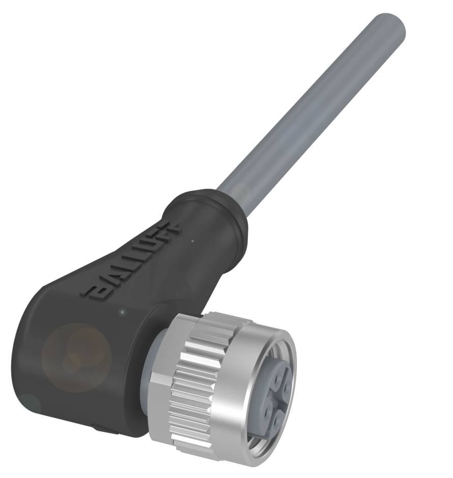 Schwarzer, gewinkelter Steckverbinder mit grauem Kabel und silbernem Schraubverschluss. Markierung 'Balluff' am Stecker.