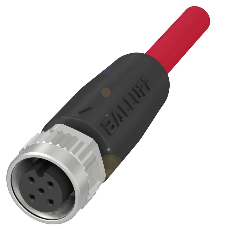 Ein M12-Rundsteckverbinder mit einem schwarzen Gehäuse und rotem Kabel. Ideal für industrielle Anwendungen und robuste Verbindungen.