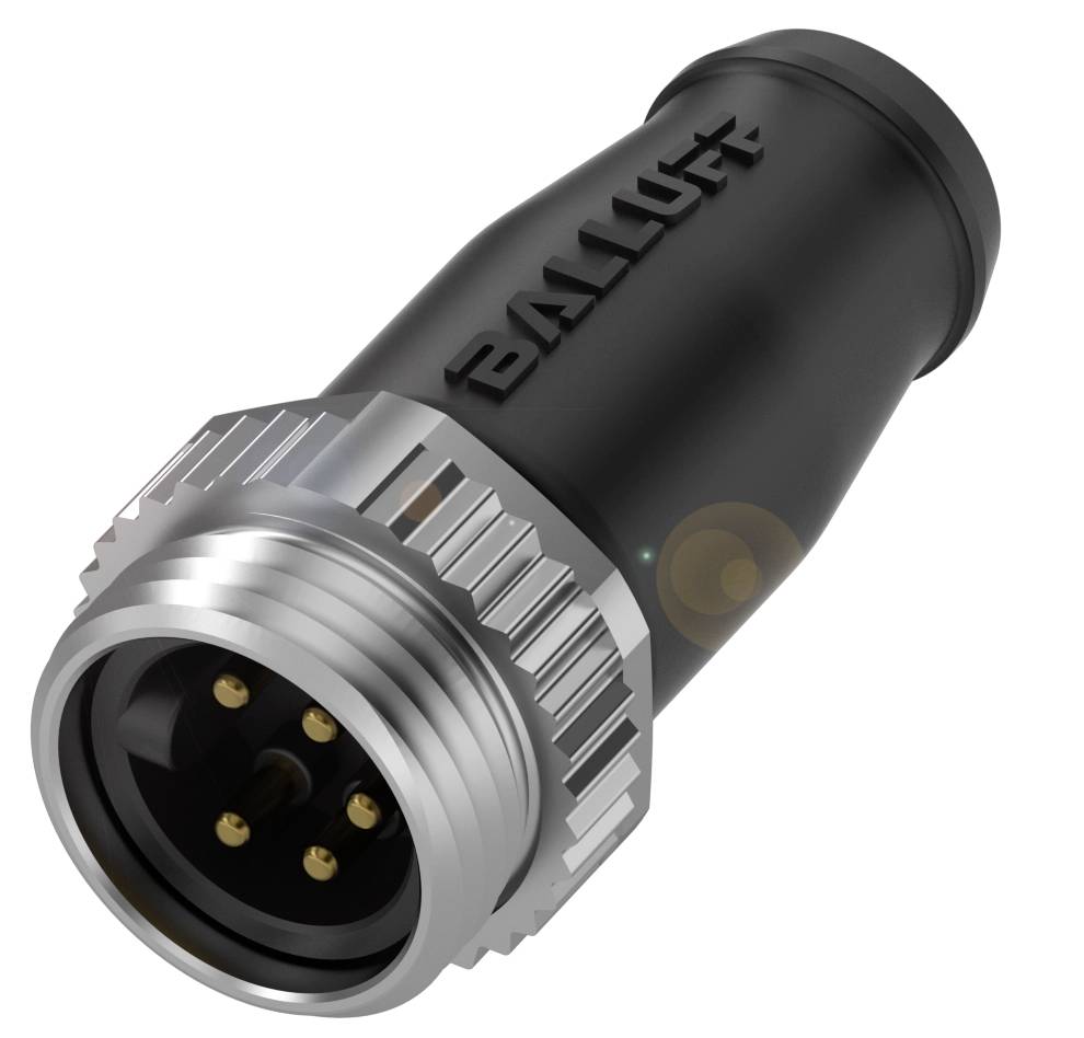 Ein schwarzer Balluff-Steckverbinder mit vier goldfarbenen Pins und silbernem Schraubgewinde, typischerweise für industrielle Anwendungen.