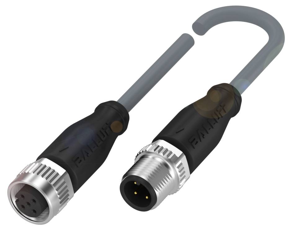 Zwei industrielle Steckverbinder mit Kabel: Links ein weiblicher, rechts ein männlicher Stecker. Geeignet für Daten- und Energieübertragung.