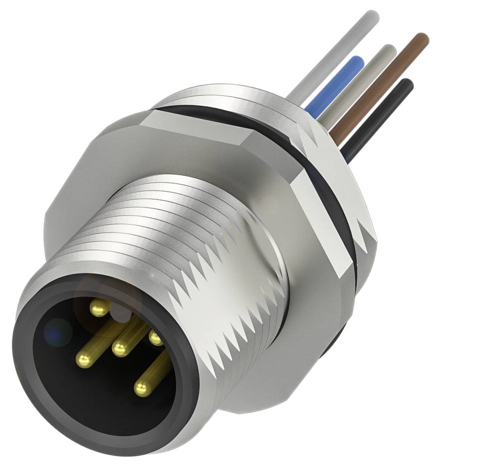 Ein wasserdichter Stecker mit fünf goldenen Kontakten, umgeben von einem metallischen Gehäuse. Mehrere farbige Kabel sind angeschlossen.