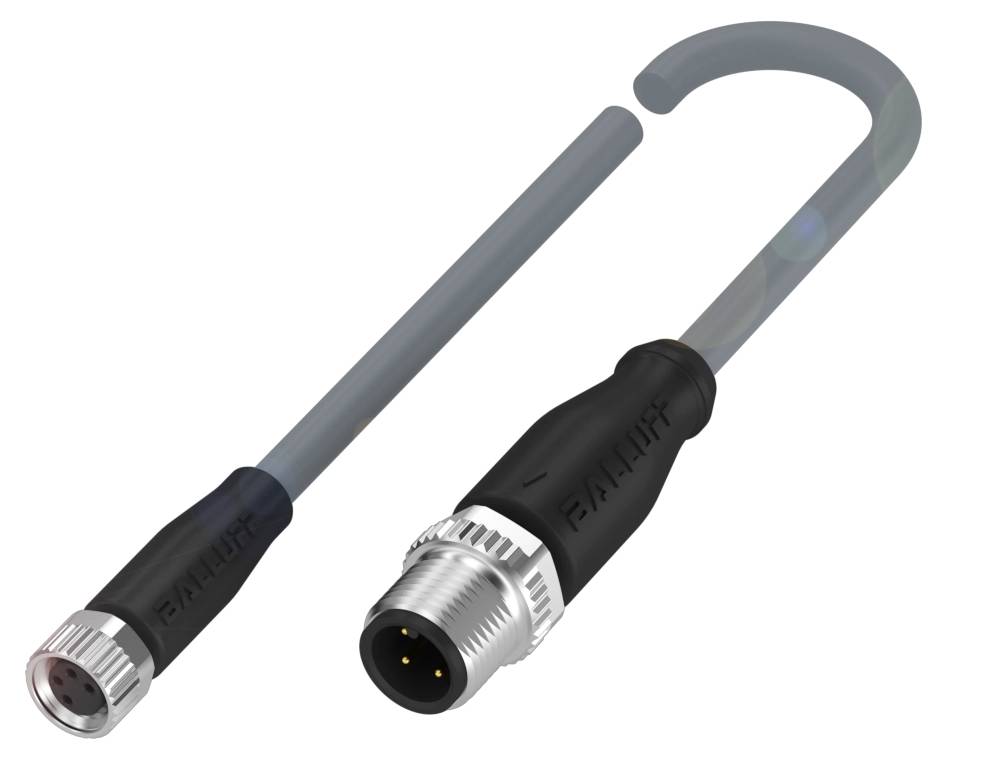 Zwei schwarze Steckverbinder mit drei Pins, verbunden durch ein graues Kabel. Ein Anschluss ist männlich, der andere weiblich.