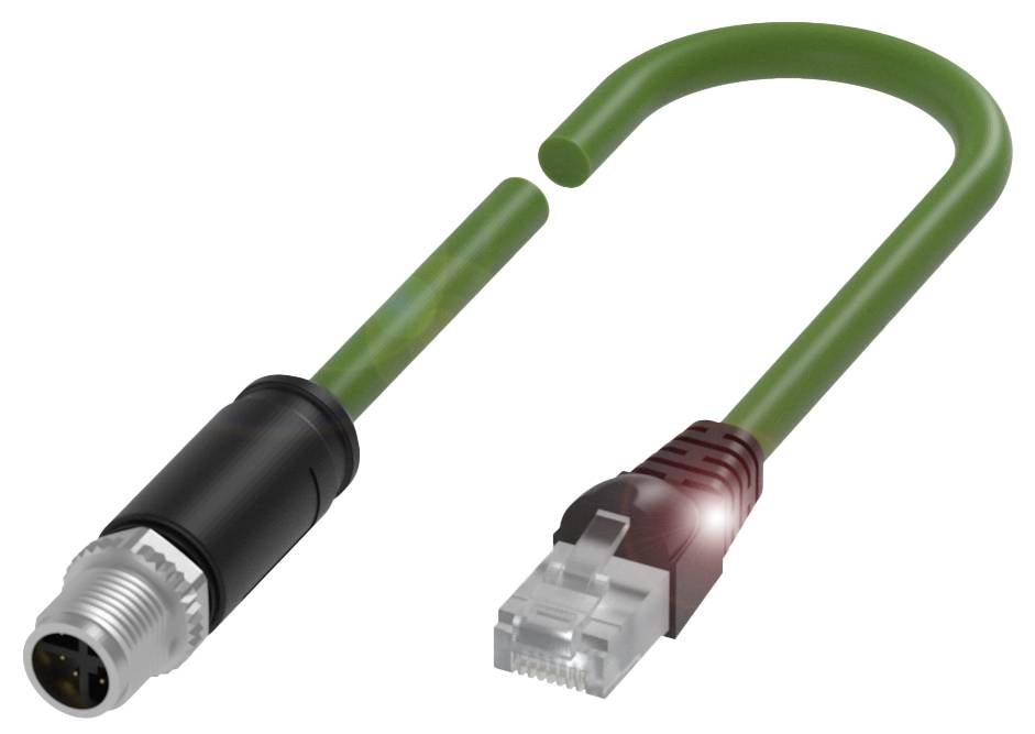 Ein grünes Ethernet-Kabel mit einem M12-Stecker auf der linken Seite und einem RJ45-Stecker auf der rechten Seite.