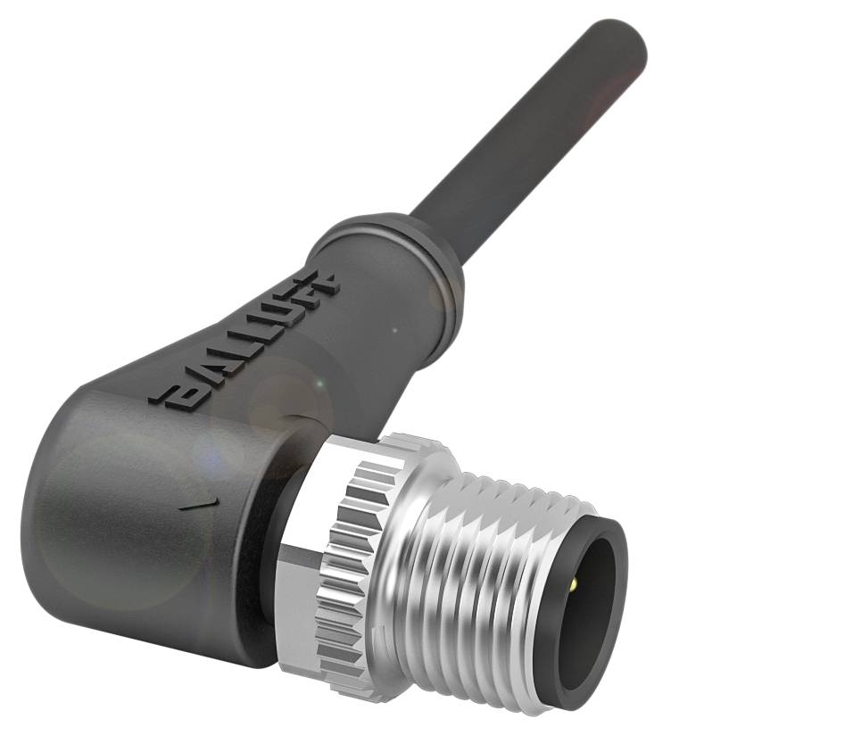 Schwarzer, abgewinkelter Stecker mit Gewinde und Balluff-Logo an einem Kabel, geeignet für industrielle Anwendungen.