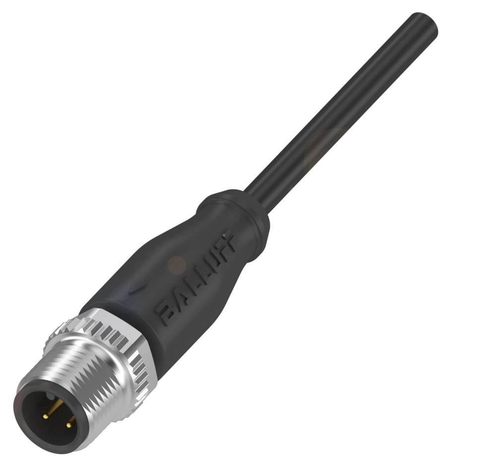 Ein schwarzer, runder M12-Steckverbinder mit Gewinde und Kabel, oft verwendet in industriellen Anwendungen zur Datenübertragung.