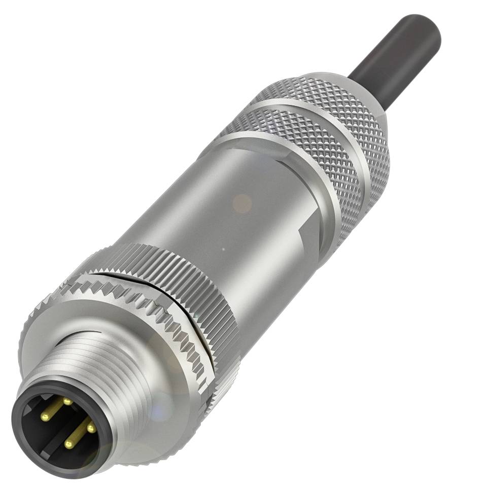 Metallischer Rundstecker mit vier Pins und schwarzem Kabelende. Verwendet zur Verbindung elektronischer Komponenten.